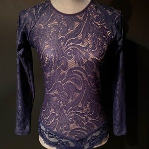Liebe Intimates Blue Lace Long Sleeve Open-Back Bodysuit Size Large NWOT